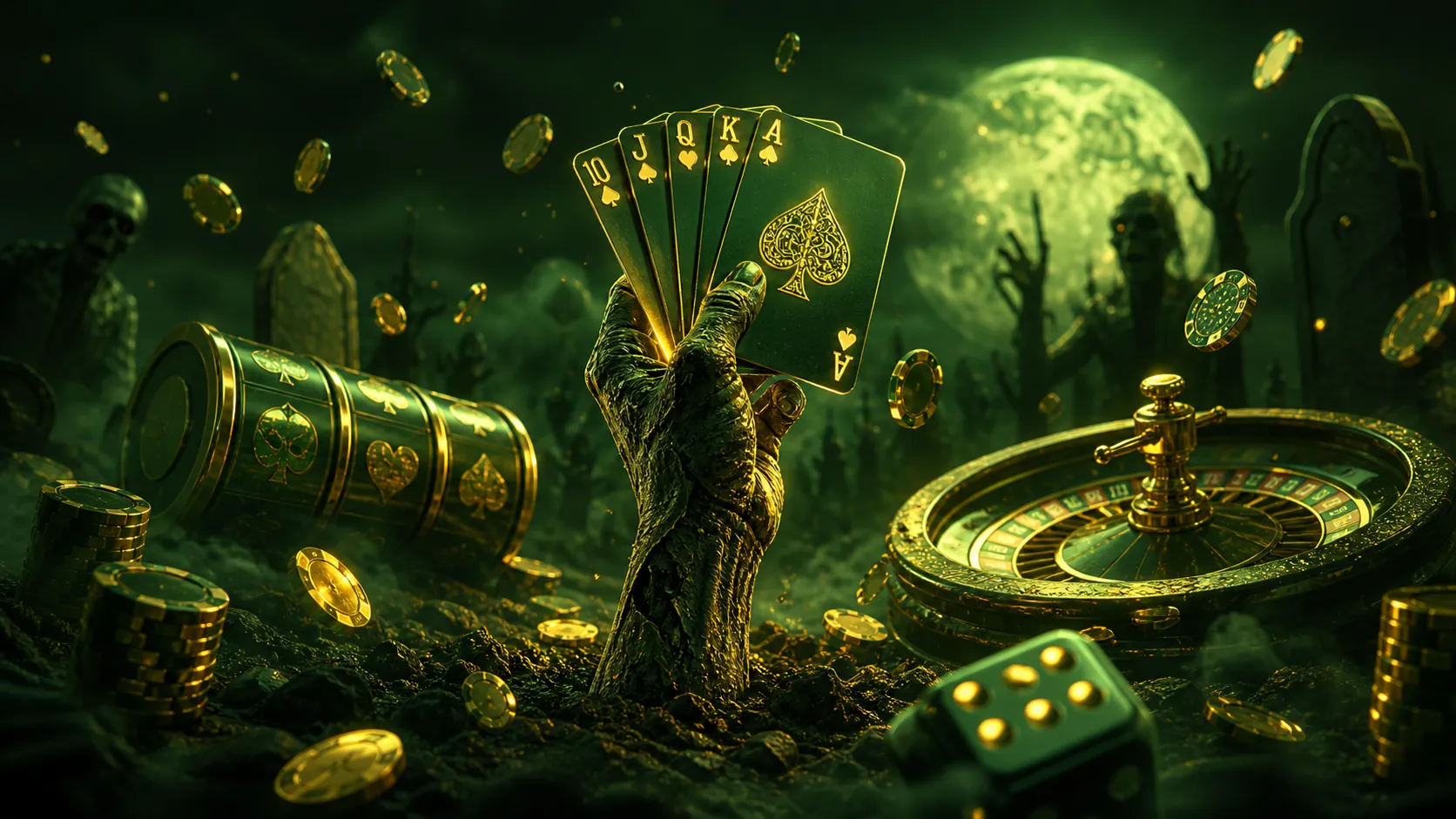 Cyberpunk themed casino scene with glowing poker chips and eerie green zombie motifs, reflecting Zombillion's horror theme.